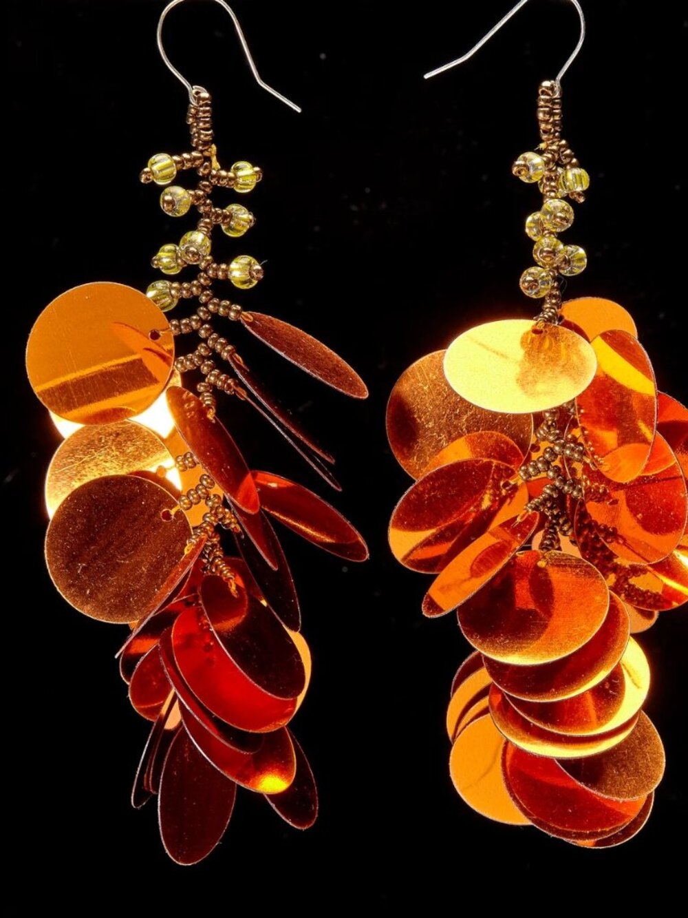 Lightweight Sequin Earrings. Huge Oversized Orange Statement Jewelry - Picture 3 of 4